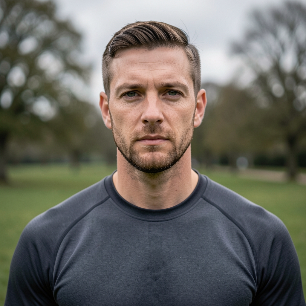 Outdoor portrait of a man in athletic wear standing in a park, overcast English sky, neutral expression, documentary style