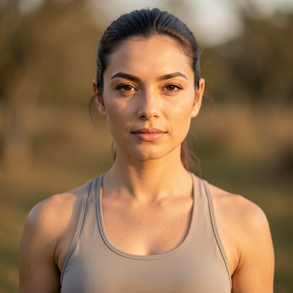 Studio portrait of a woman in neutral athletic clothing, clean background with warm controlled lighting, direct gaze