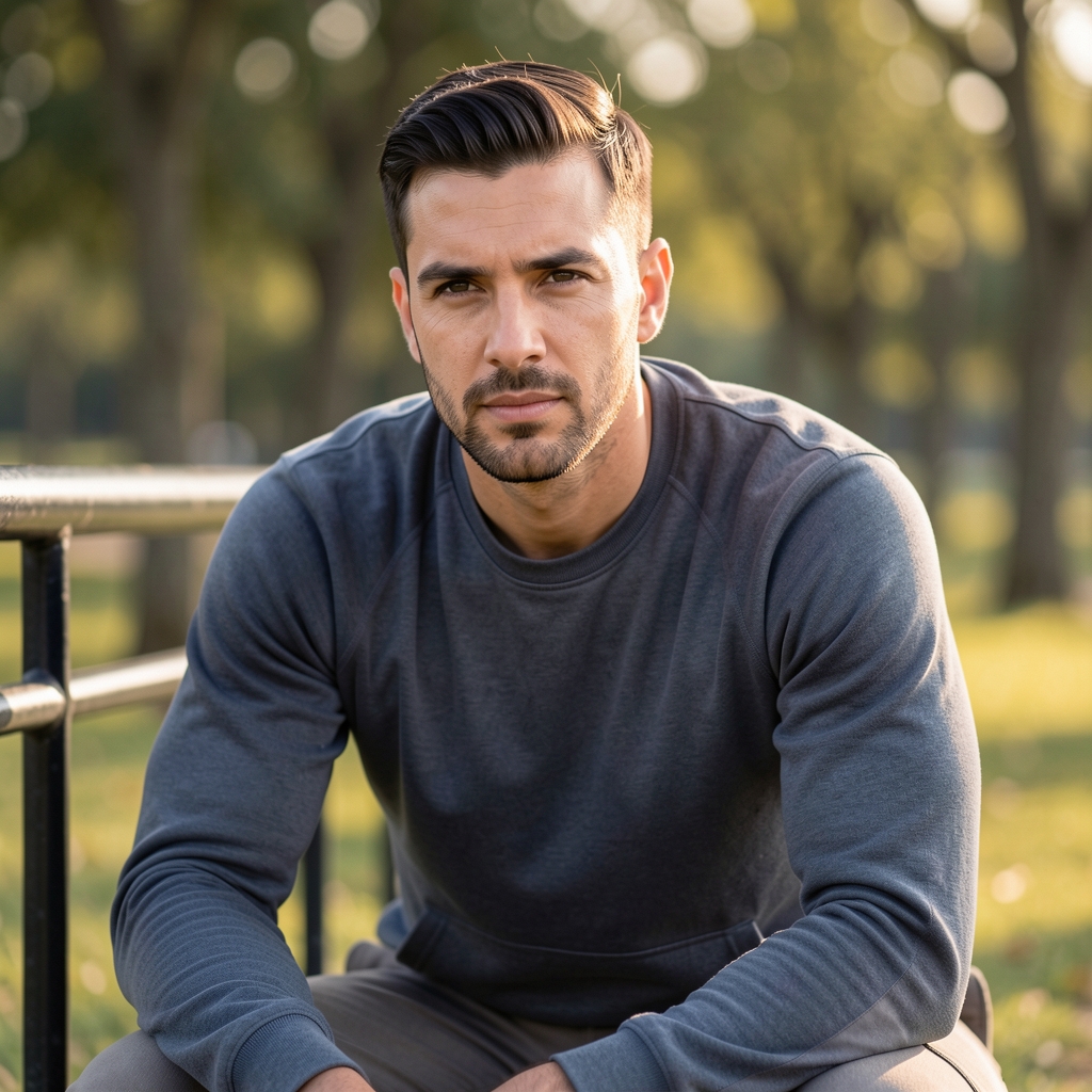 Outdoor portrait of a man crouching near a park railing, morning light, casual athletic clothing, thoughtful expression