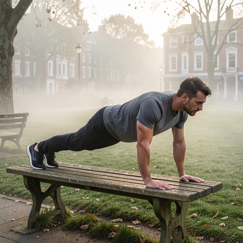 Man holding a static plank position on a worn wooden park bench, morning mist rising from grass, London park in background