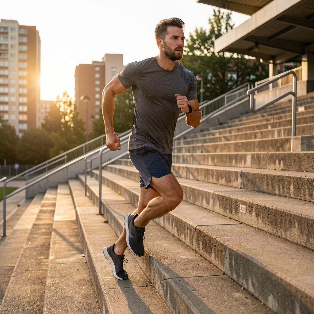 Man mid-stride running up concrete stadium steps outdoors, urban setting, late afternoon golden light