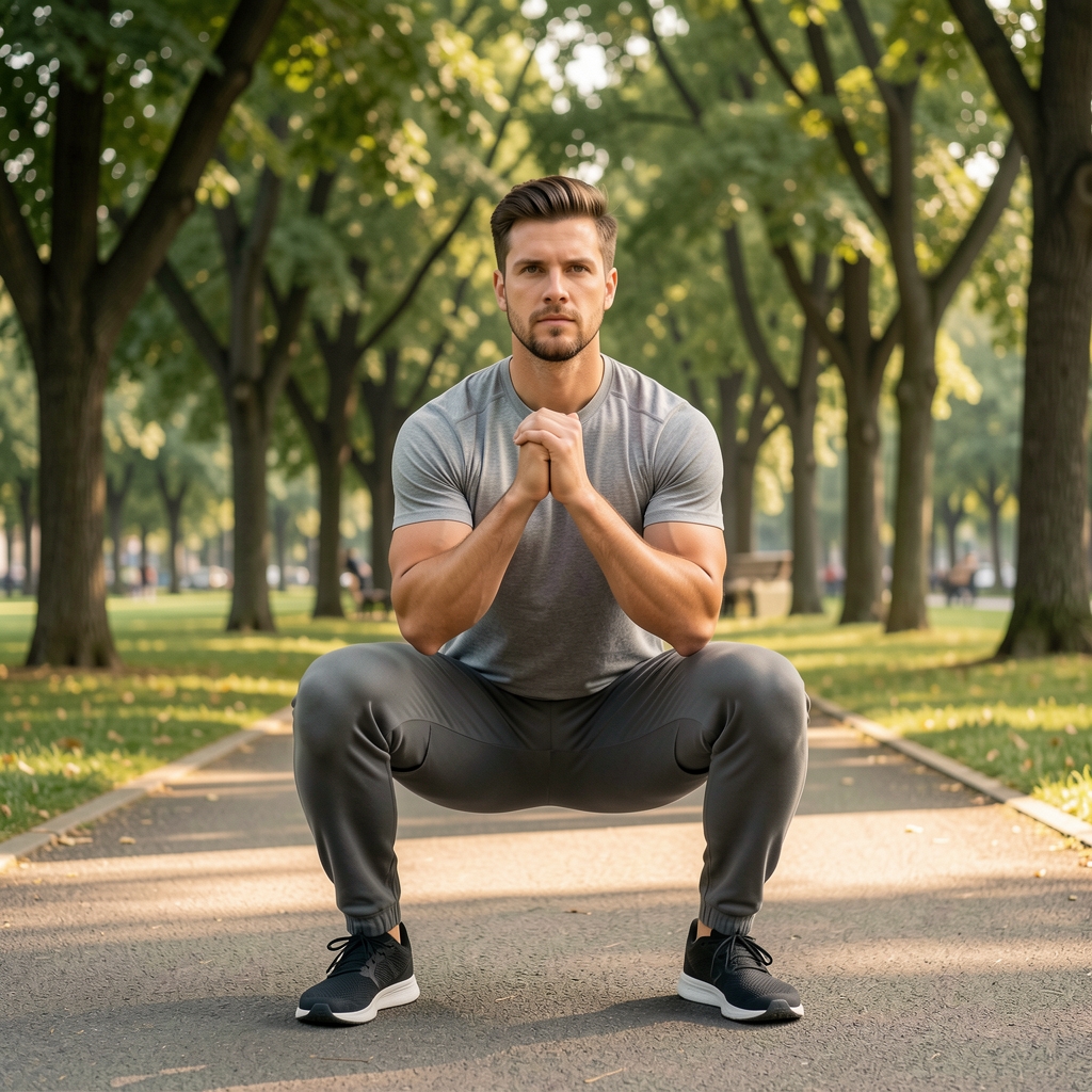 Man performing a deep bodyweight squat in a public park, surrounded by trees, wearing plain athletic clothing