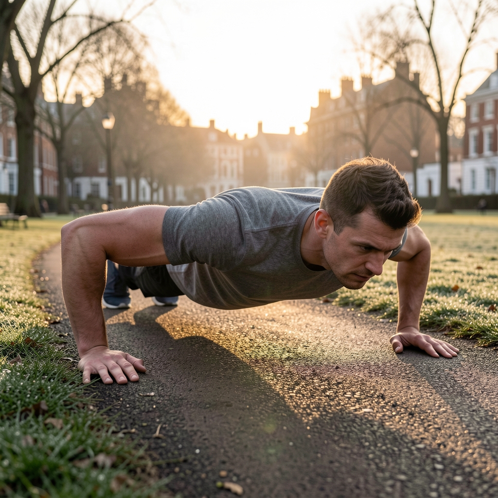 Man performing bodyweight push-up on a park path at dawn, London, dew on grass, motion blur on hands