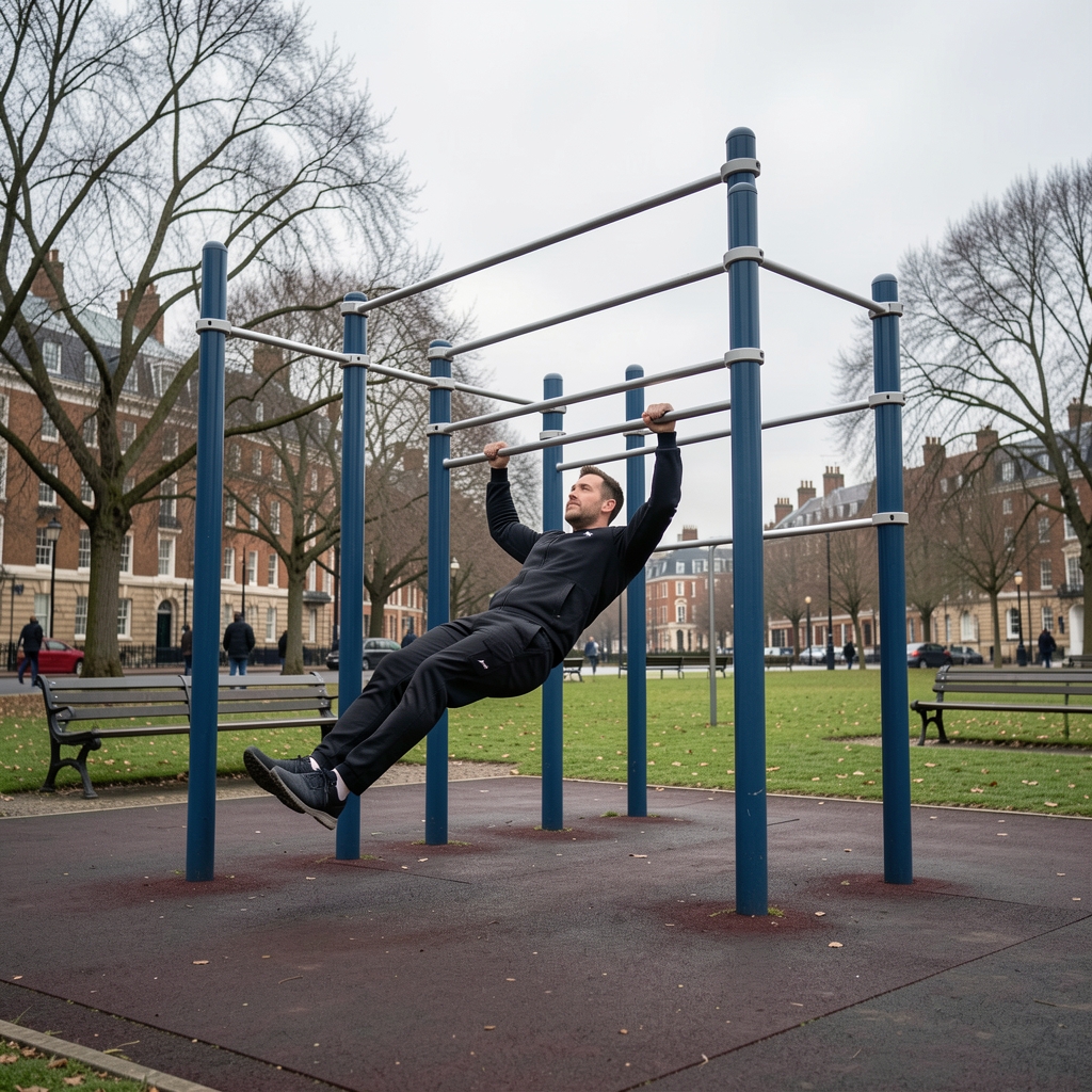 Wide view of a man performing dips on a public outdoor gym bar structure in a London park, overcast sky